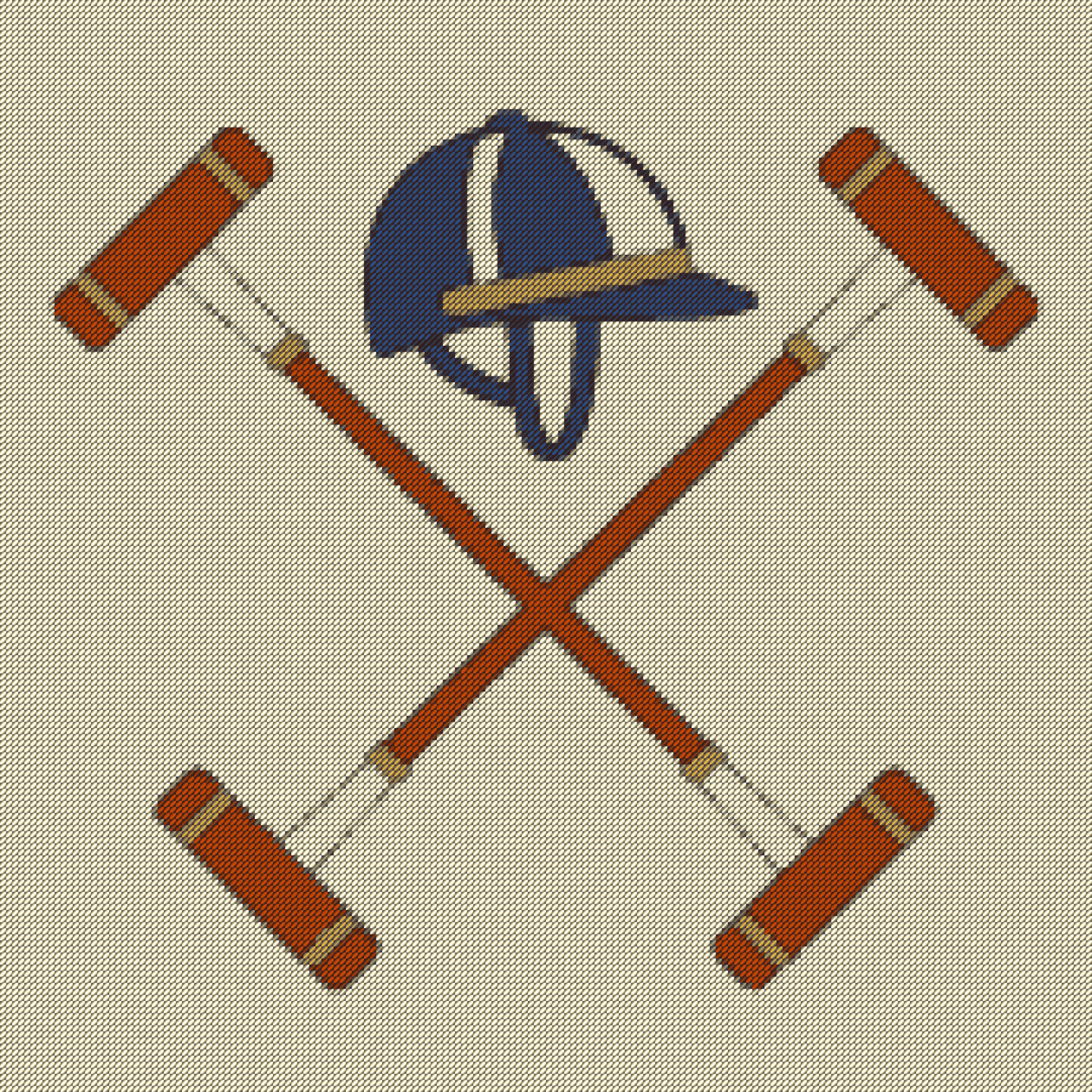 Needlepoint canvas of crossed polo mallets and helmet