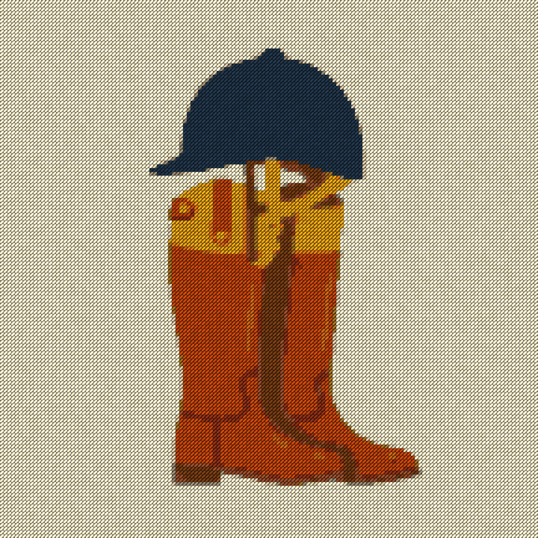 Needlepoint canvas of riding boots and helmet